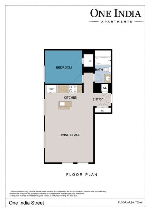 Floor plan for 1 bed, 1 bath, 700 sqft